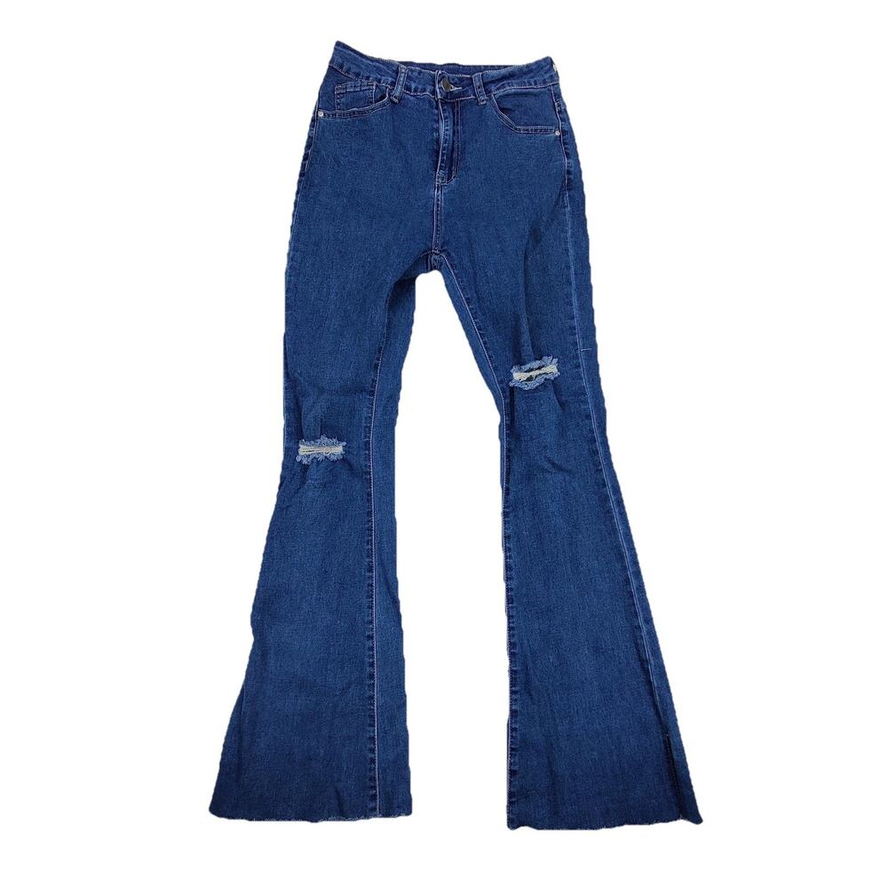 SheIn Flare Jeans Womens 4 Blue Medium Wash Distressed High Rise Stretch 27x28